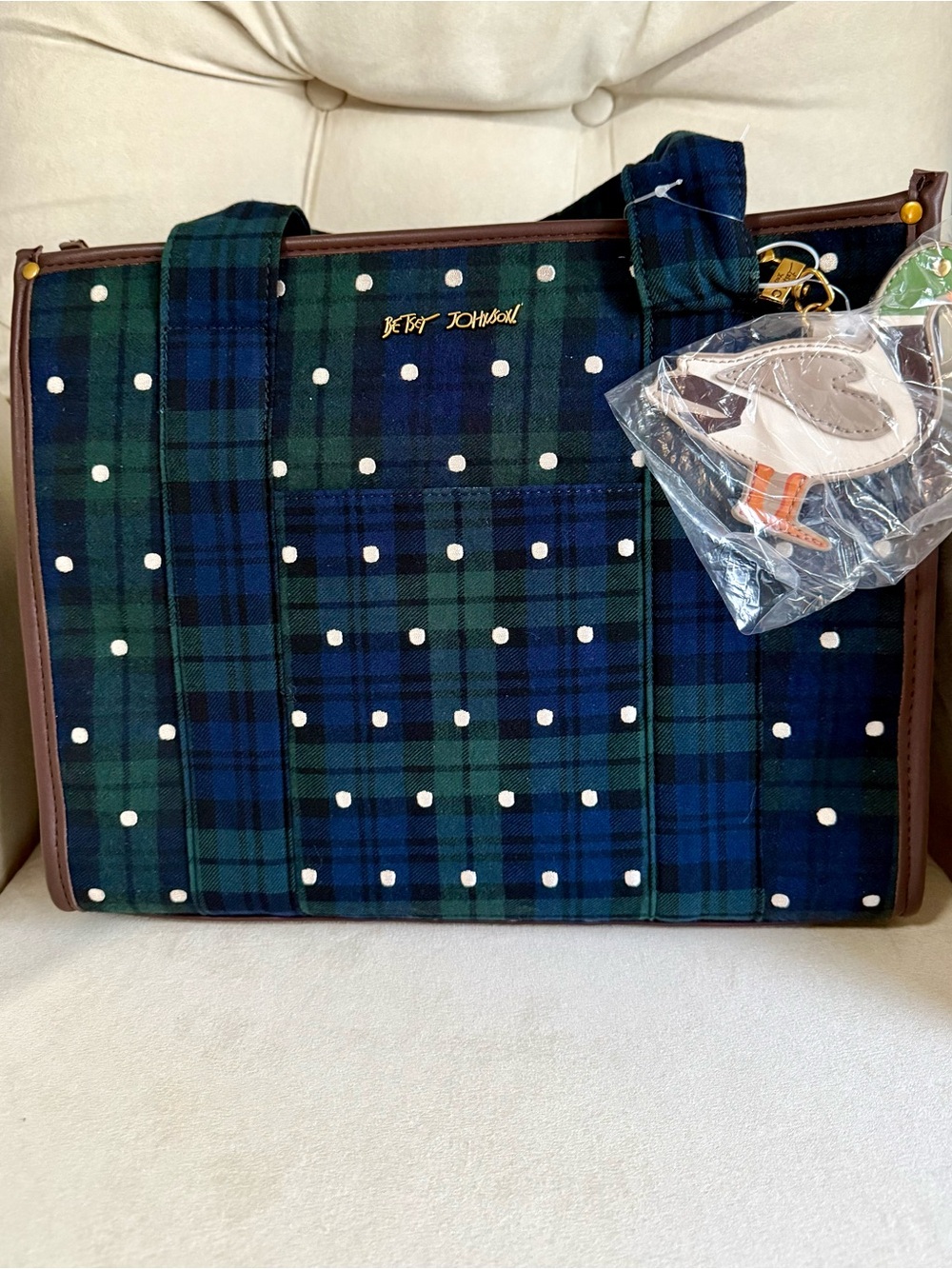Betsey Johnson Green & Blue Plaid Polka Dot Tote with Brown Trim